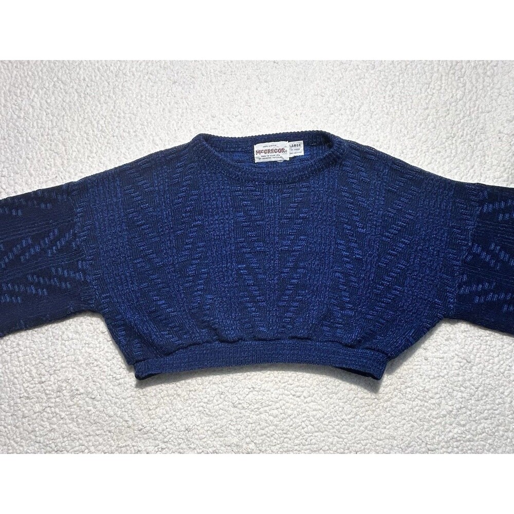 Vintage McGregor Women Large Blue Textured Knit Cropped Pullover Sweater USA